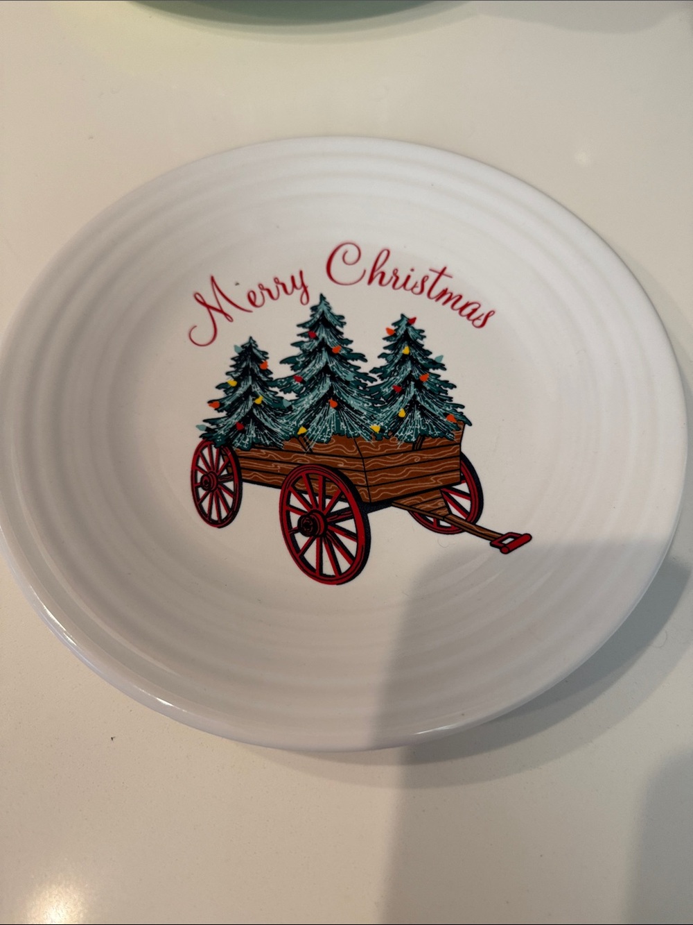 Fiestaware White Merry Christmas Plate with Green Trees and Wagon